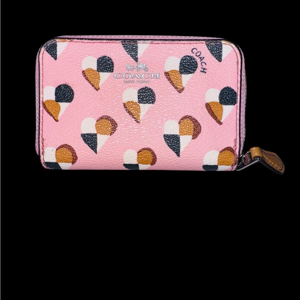 COACH Pink Mini Checkered Heart Zip Wallet
